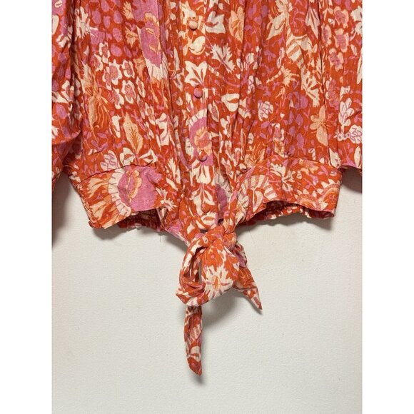 Rachel Zoe Pink Orange Floral Button Up Waist Crop Top Flounce Sleeve Blouse - Picture 10 of 10